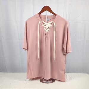Time and Tru Pink Lace-Up Short Sleeve Tee
